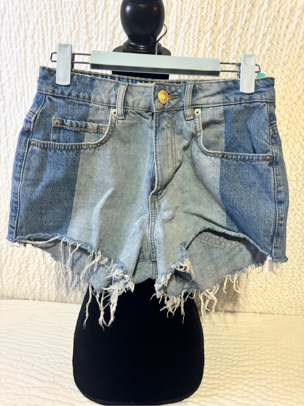 Garage Two-Tone Light and Mid Blue Denim Frayed Hem Shorts